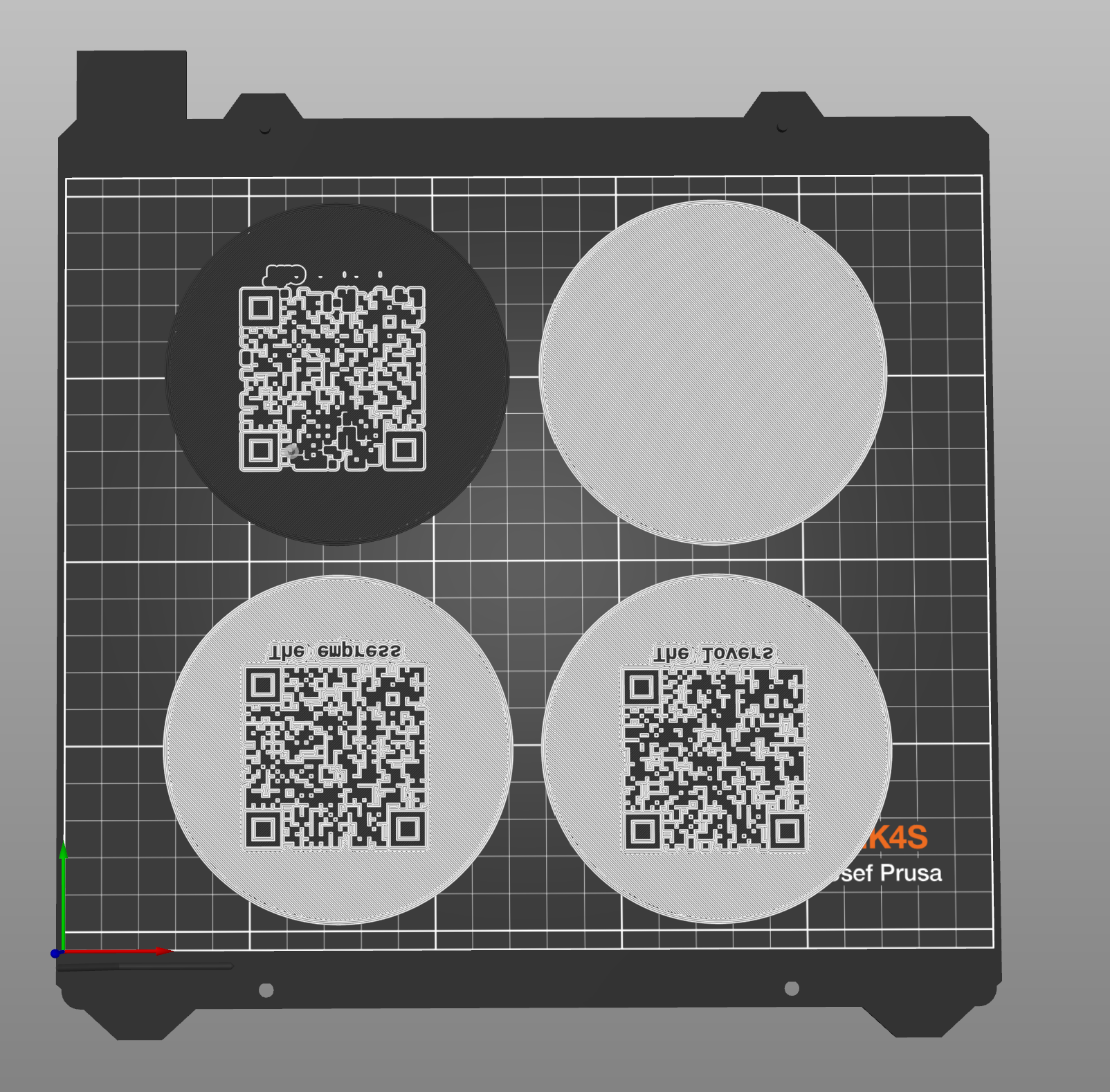 A mid sliced view of QR codes embedded in bases in PrusaSlicer